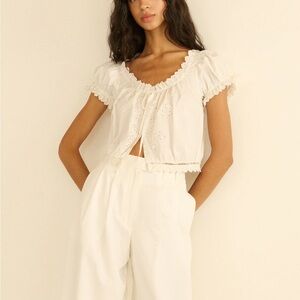 Doen Nera White Eyelet Ruffled Cropped Blouse